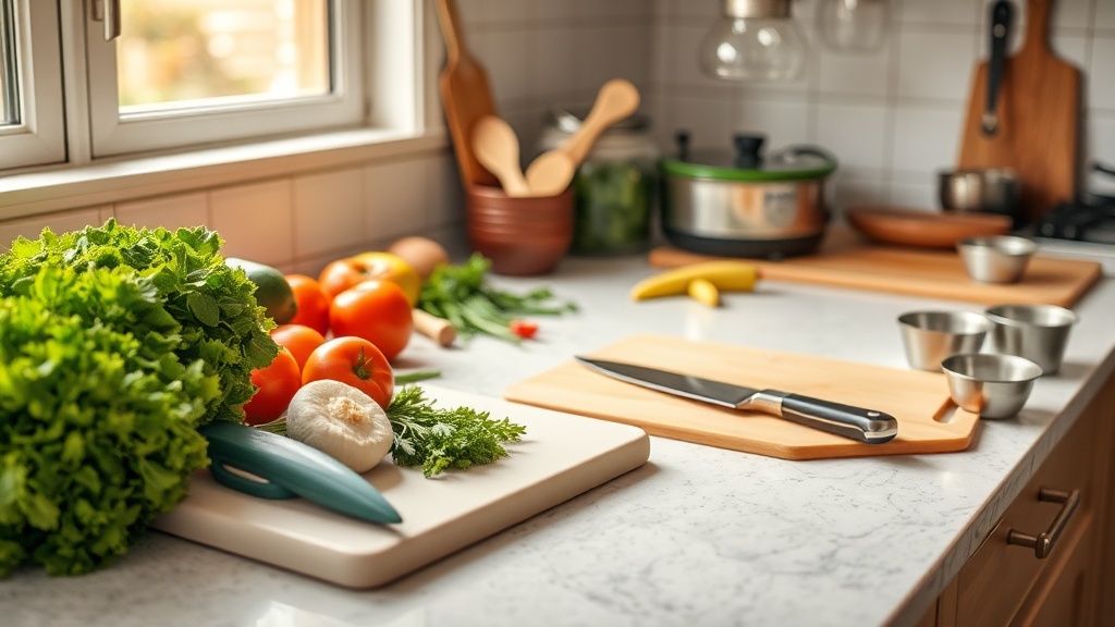 Organized kitchen countertop with fresh ingredients and cooking tools