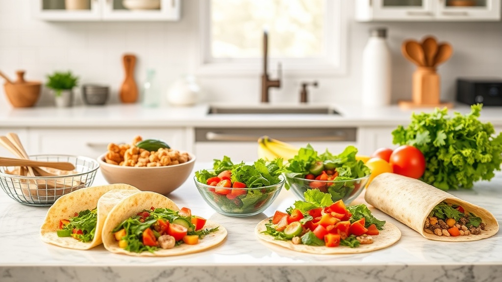 Organized kitchen countertop with ingredients for breakfast wraps