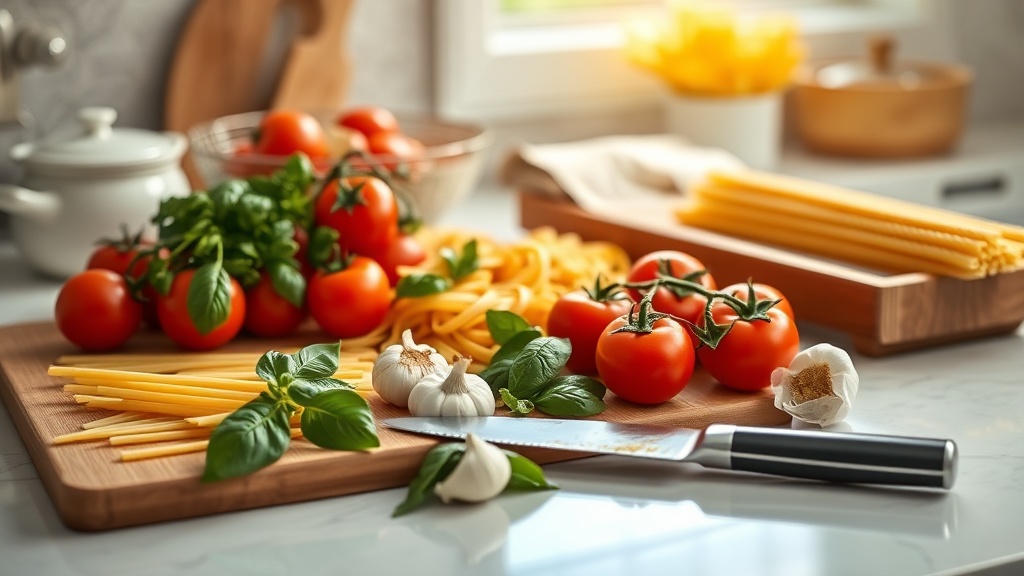 Italian meal prep scene with fresh ingredients on a kitchen countertop