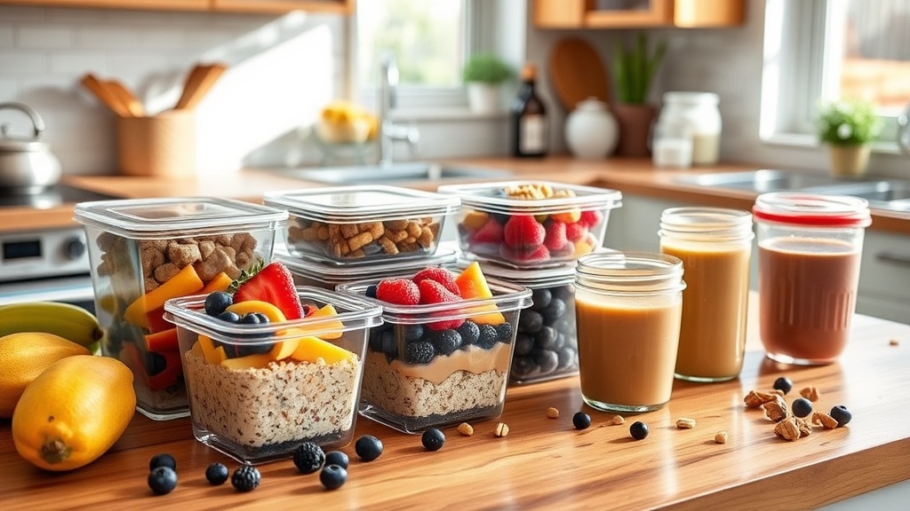 Bright kitchen with meal prep containers and fresh ingredients for breakfast