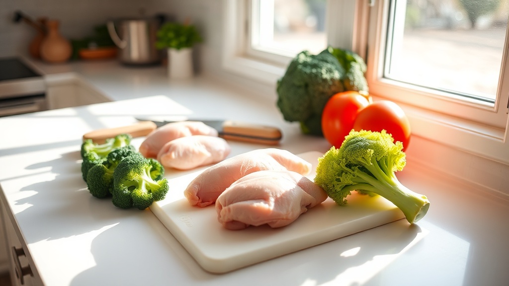 Organized kitchen countertop with chicken and broccoli for meal prep