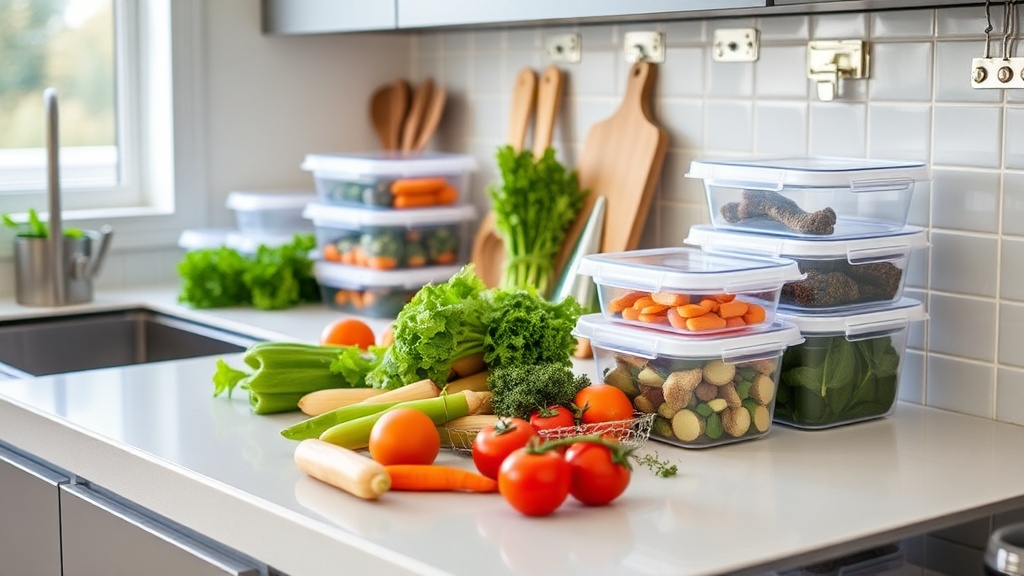Organized kitchen countertop with fresh ingredients for meal prep
