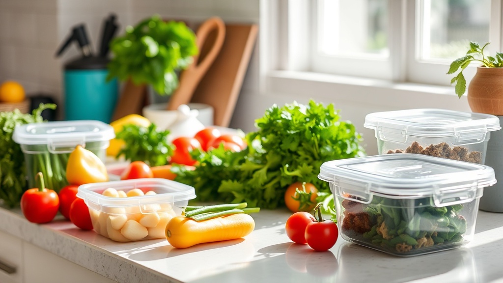 Organized kitchen countertop with fresh ingredients for meal prep
