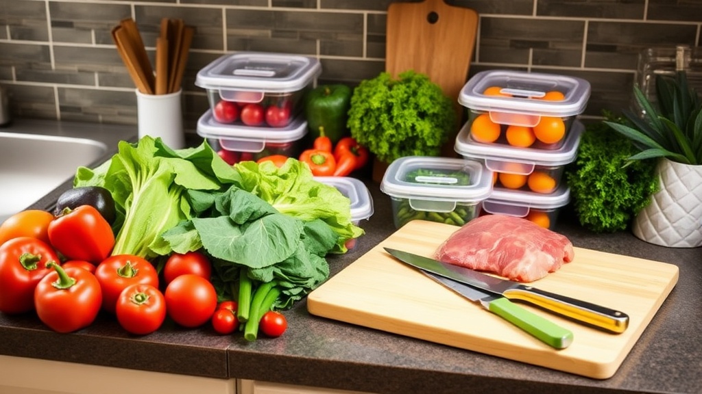 Organized kitchen countertop with fresh ingredients for meal prep