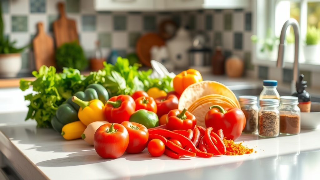 A clean kitchen prep surface with fresh ingredients for Mexican cooking