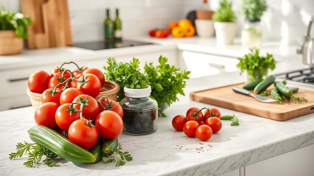 Organized kitchen countertop with Mediterranean ingredients for meal prep