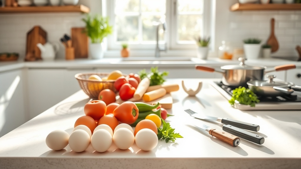Bright kitchen with fresh ingredients for meal prep