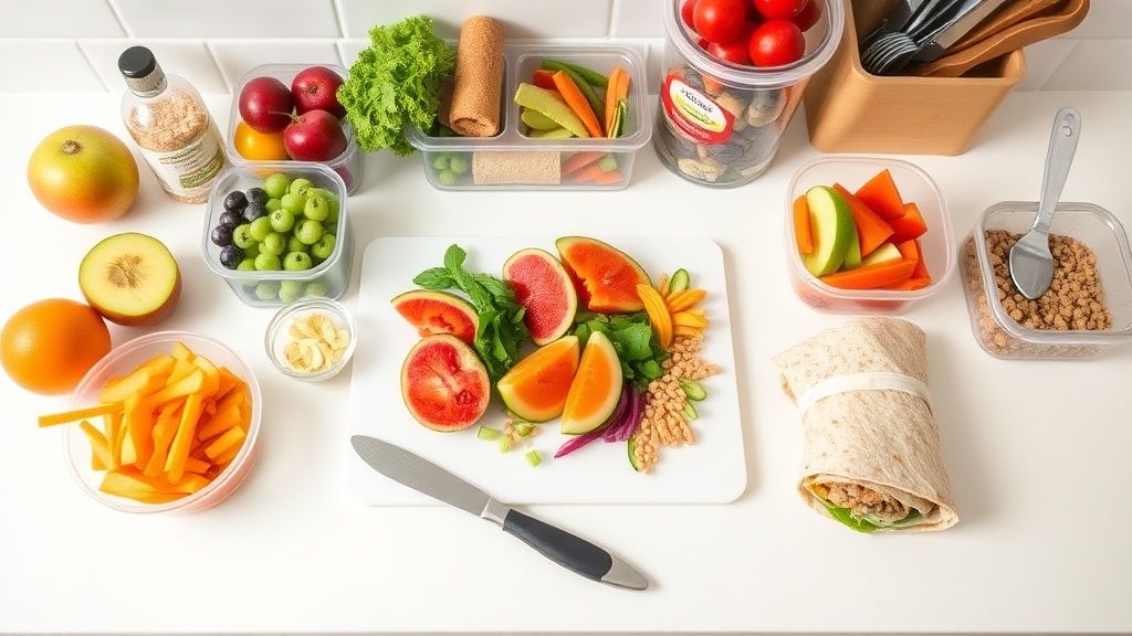 A vibrant kitchen scene showcasing healthy lunch ingredients for kids