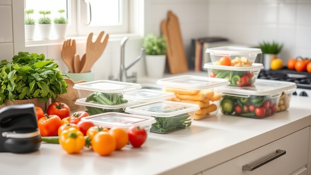 Organized kitchen countertop with fresh ingredients for meal prep