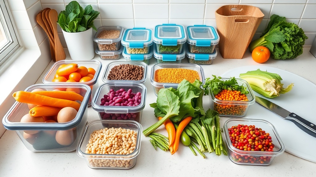 Organized kitchen countertop with fresh plant-based ingredients for meal prepping