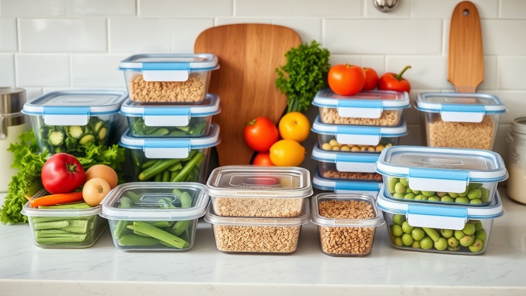 Organized kitchen countertop with fresh ingredients for meal prepping