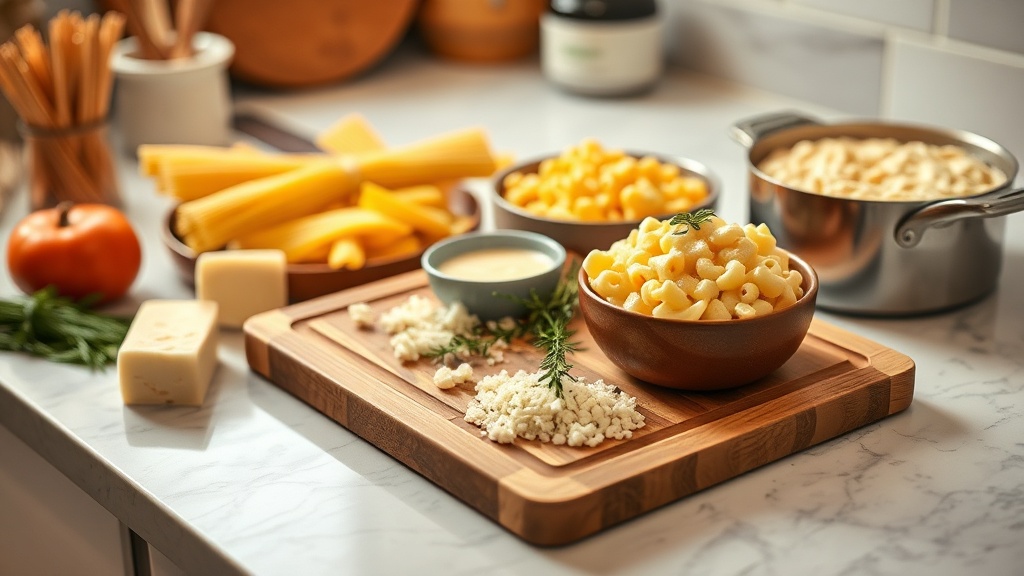 A kitchen countertop with fresh ingredients and a pot of mac and cheese