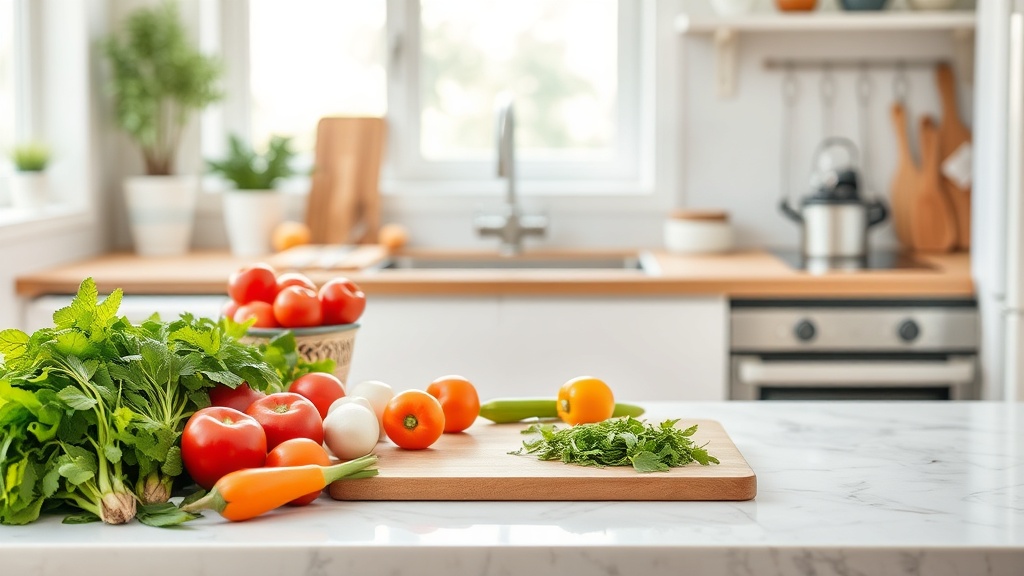 A clean kitchen prep surface with fresh ingredients for meal prep