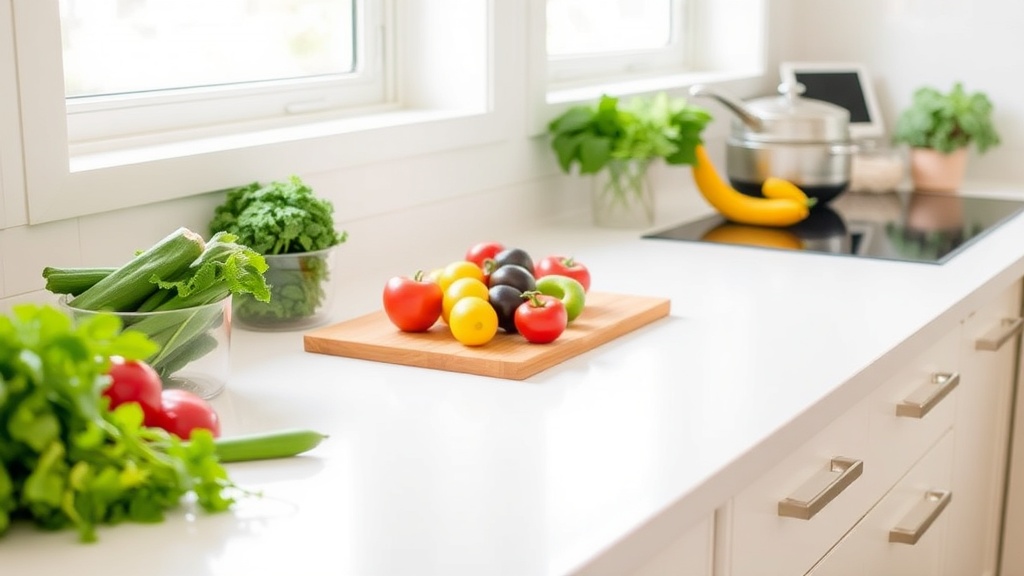 Organized kitchen countertop with fresh ingredients for meal prep