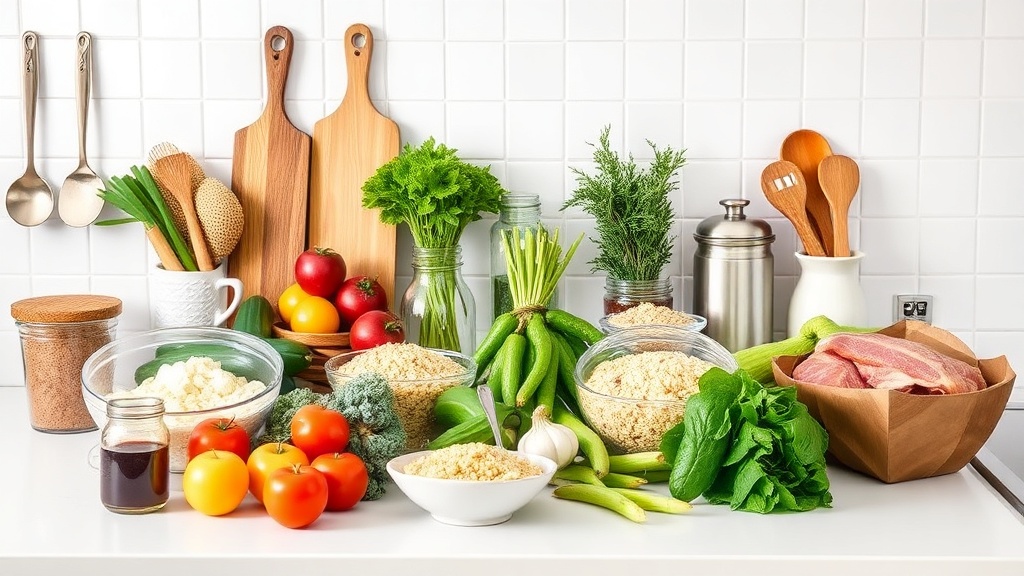 Organized kitchen countertop with fresh ingredients for meal prep