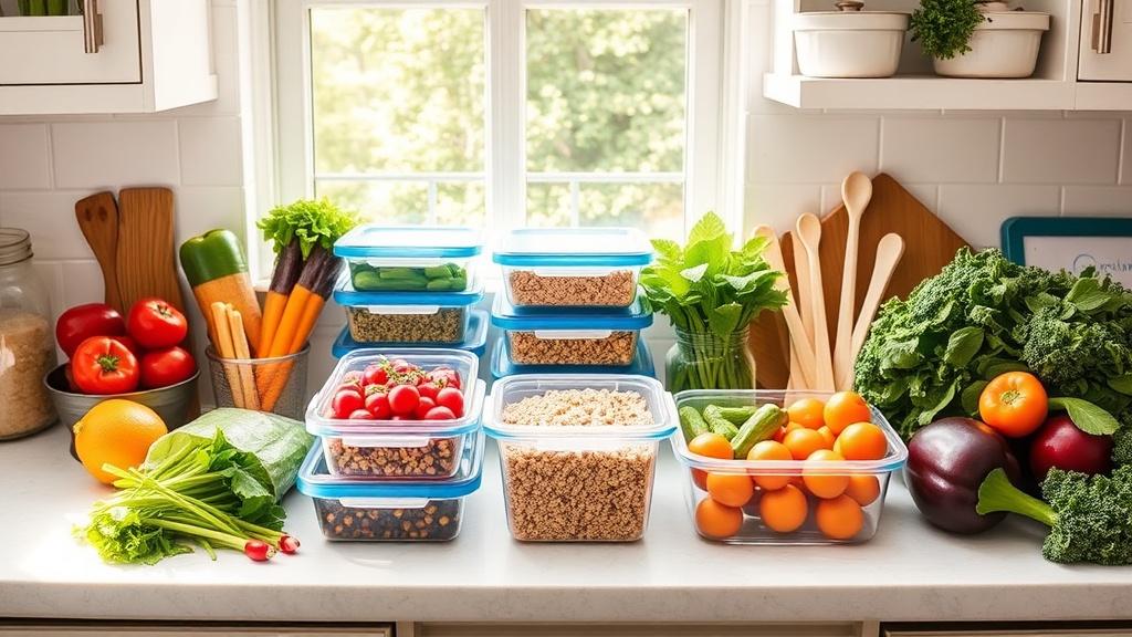 Organized kitchen countertop with fresh ingredients for meal prep