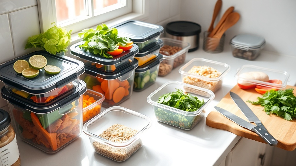Organized kitchen countertop with meal prep containers and fresh ingredients