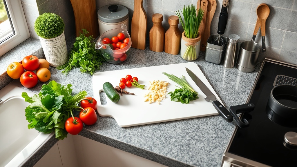 Organized kitchen countertop with fresh ingredients and meal prep tools