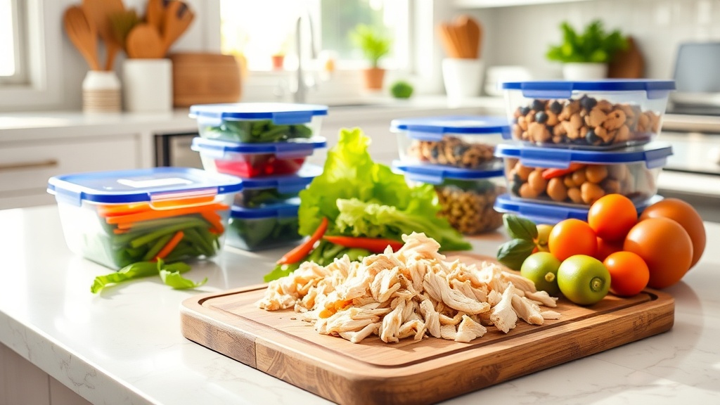 A kitchen countertop with shredded chicken and meal prep ingredients
