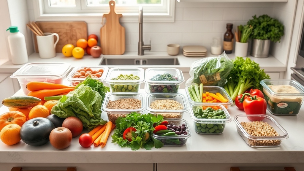 Organized kitchen countertop with fresh ingredients for meal prepping