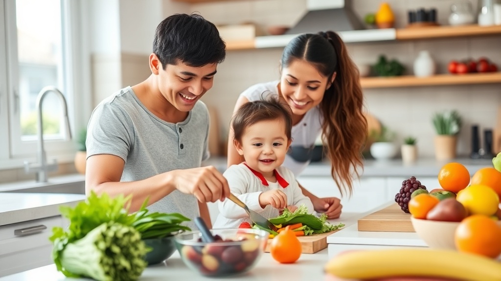 Parent and toddler preparing healthy meals in a bright kitchen