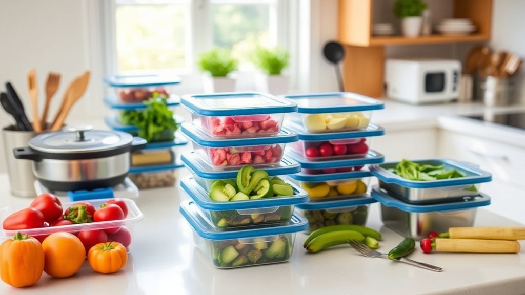 Organized kitchen countertop with meal prep containers and fresh ingredients