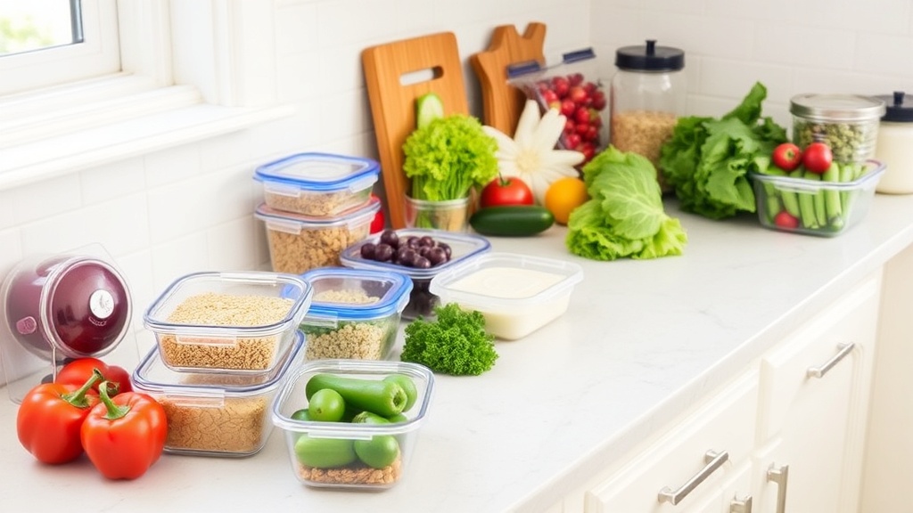 Organized kitchen countertop with fresh ingredients for meal prep