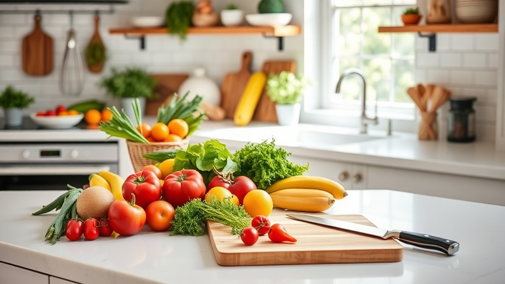 Clean kitchen countertop with Whole 30 meal prep ingredients