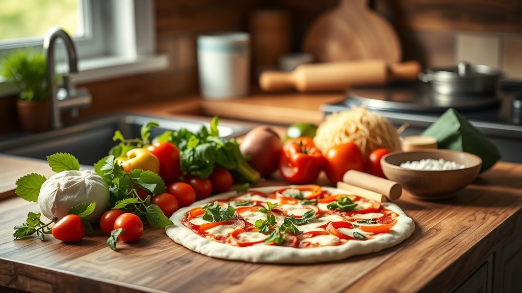 Cozy kitchen with organized pizza meal prep ingredients