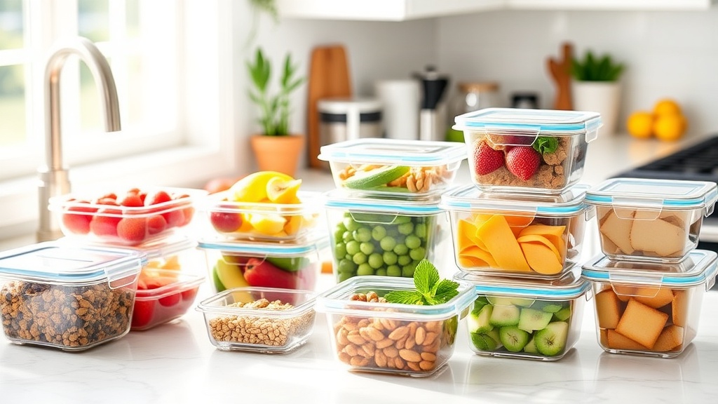 Bright kitchen with organized meal prep containers filled with healthy breakfast ingredients