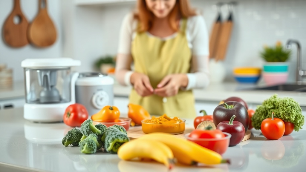 Parent preparing healthy baby meals in a bright kitchen