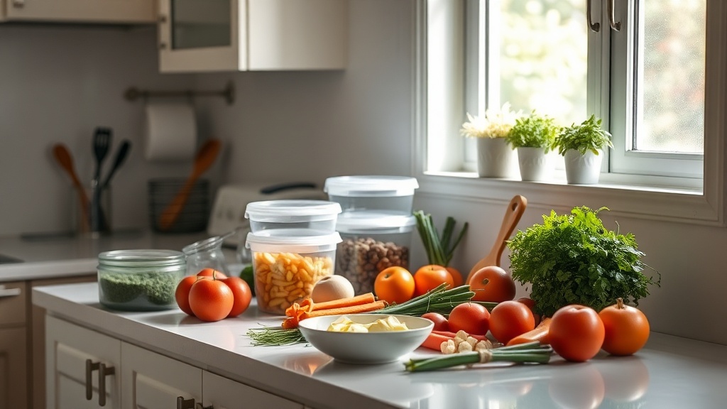 Calm kitchen scene for meal prep with fresh ingredients and organized workspace