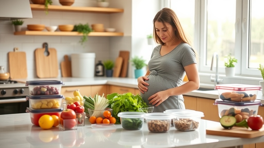 Pregnant woman organizing meal prep in a bright kitchen