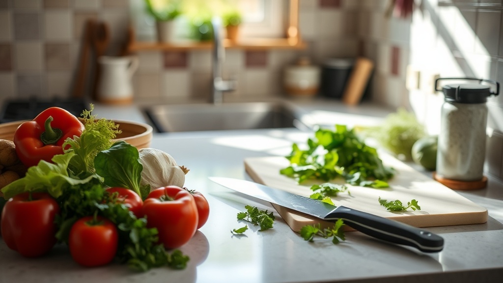 Organized kitchen countertop with fresh ingredients for meal prep