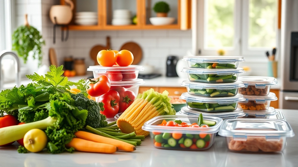 A clean kitchen countertop with fresh ingredients for meal prep