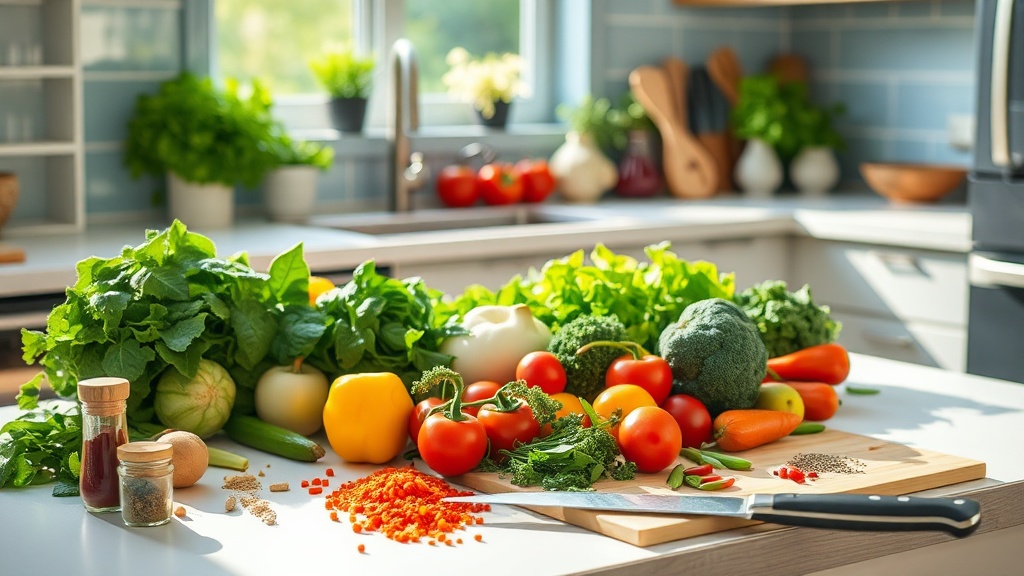 Colorful fresh ingredients on a modern kitchen prep surface