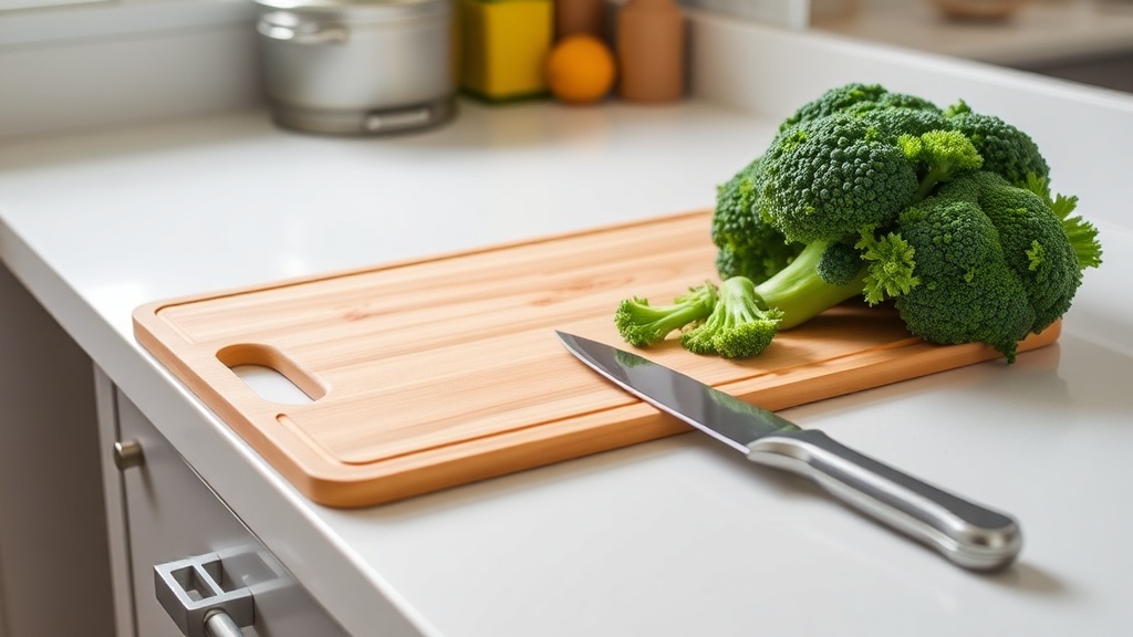 Organized kitchen countertop with broccoli and meal prep tools