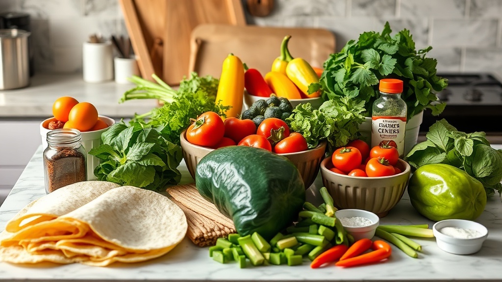 Colorful ingredients for enchilada bowls on a kitchen countertop
