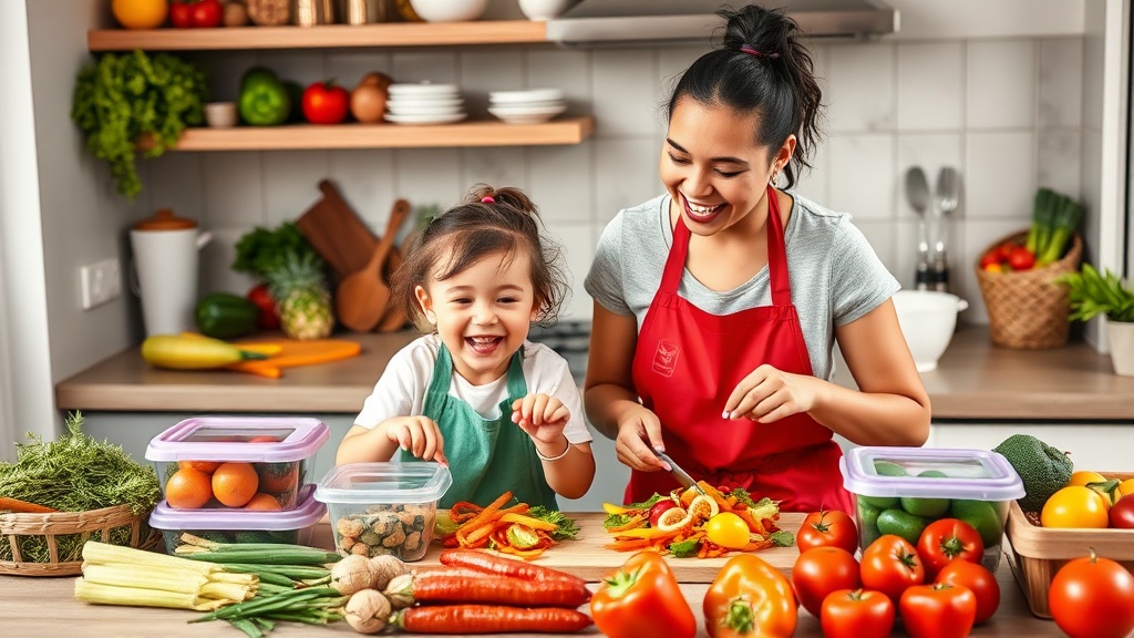 Parent and child cooking together in a bright kitchen