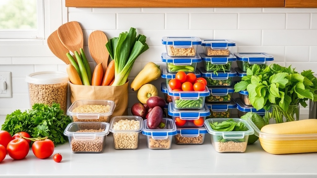 Organized kitchen countertop with fresh ingredients for meal prep