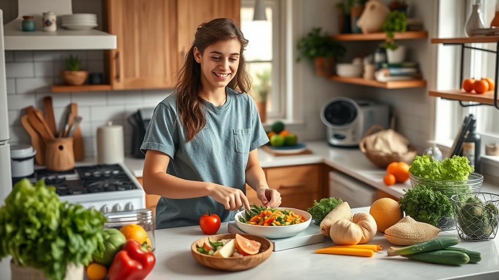 College student meal prepping in a tidy kitchen