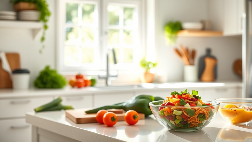 Bright kitchen with fresh ingredients for meal prep