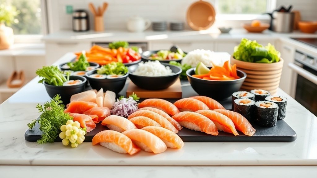 Sushi meal prep station with fresh ingredients in a bright kitchen