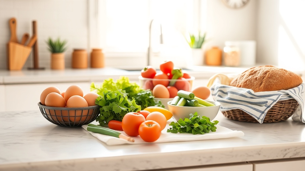 Bright kitchen with organized breakfast ingredients on a clean prep surface