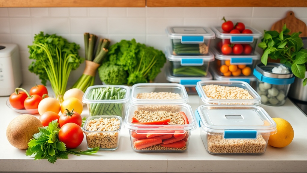 Organized kitchen countertop with fresh ingredients for meal prep