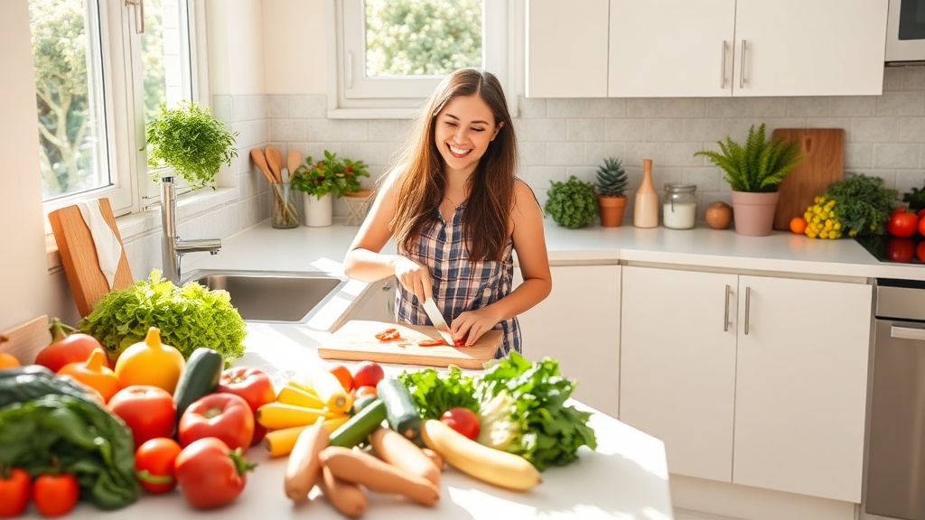 A person preparing fresh summer ingredients in a bright kitchen