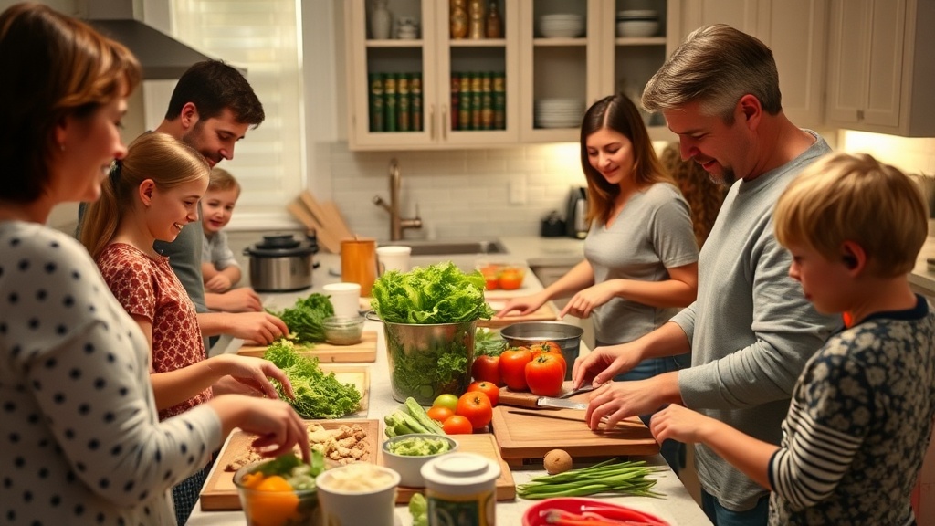 Family cooking together in a busy kitchen