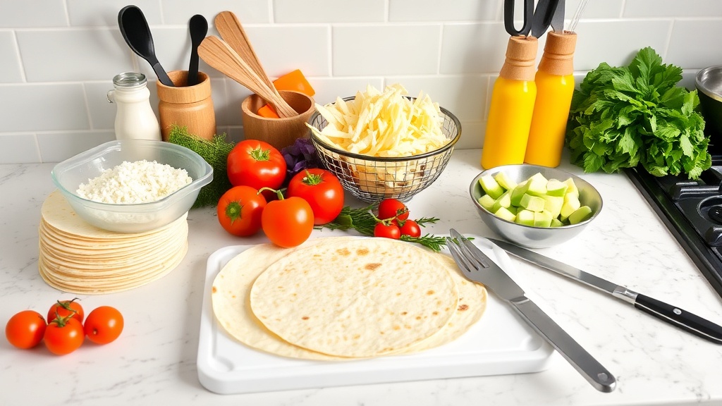Organized kitchen countertop with ingredients for quesadillas