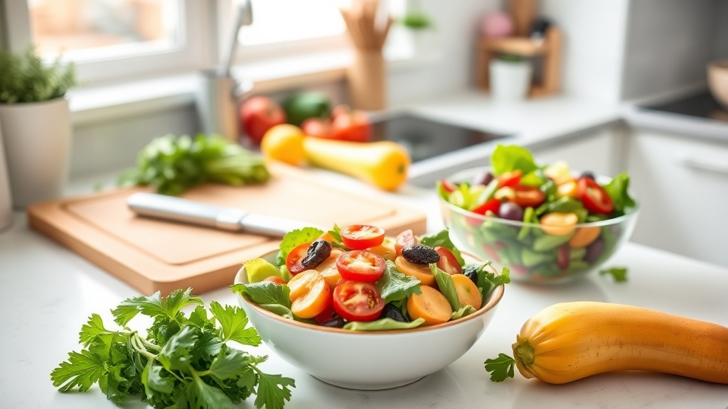 Bright kitchen with fresh vegetables and salad ingredients on a countertop