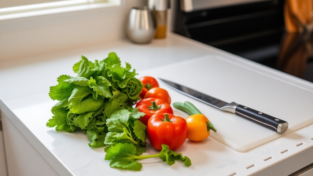 Organized kitchen countertop with fresh vegetables and meal prep tools
